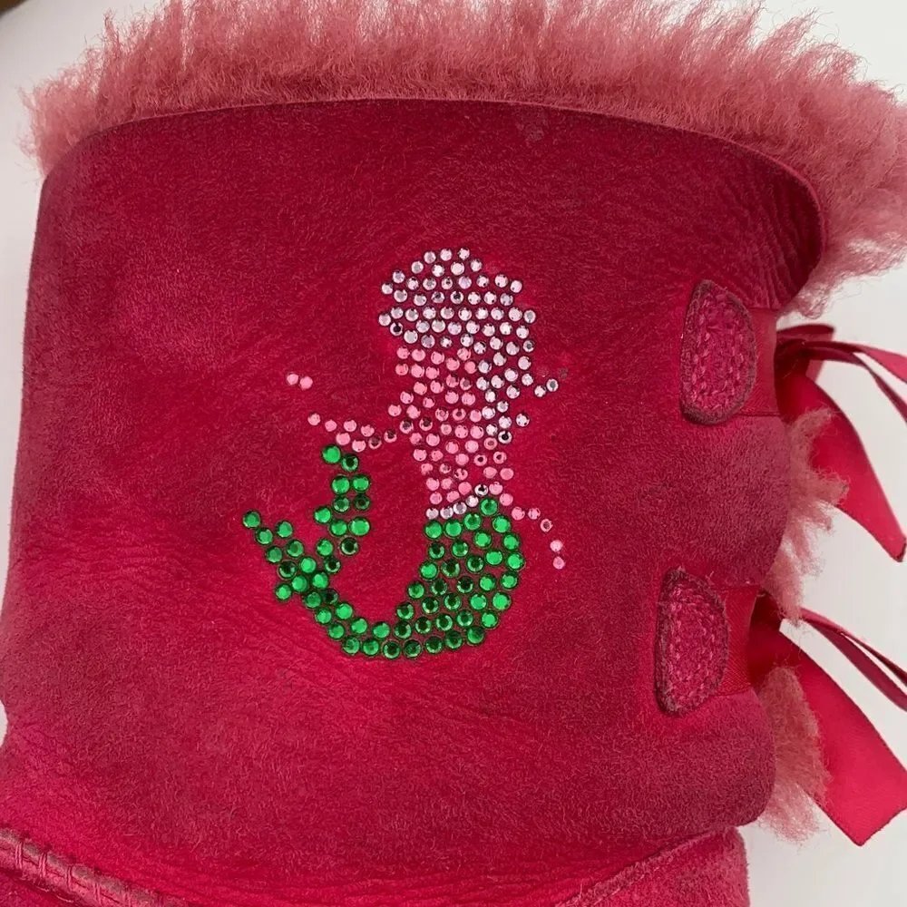 UGG bright pink double Bailey Bow girls size 2 with added gemstone mermaid